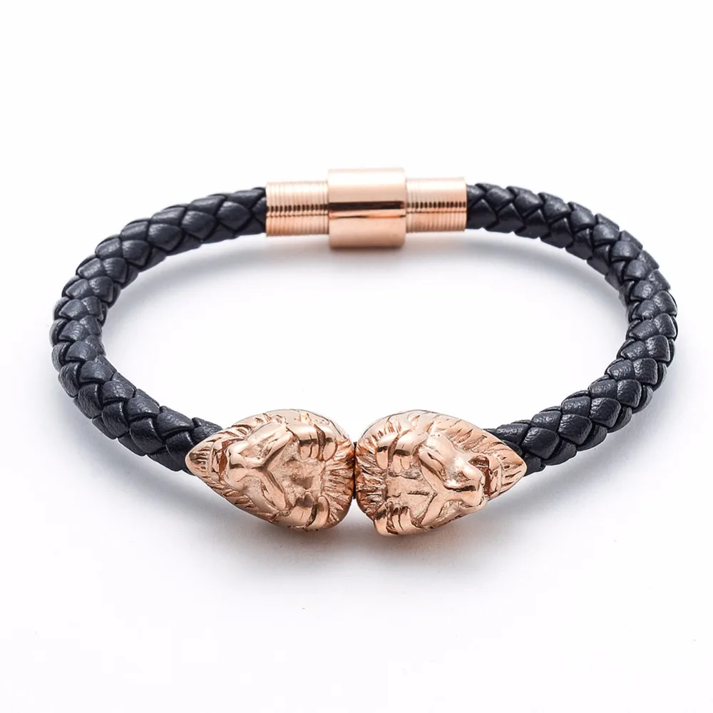 

Fashion Black Plated Lion Head Black Genuine Leather Cool Punk Rock Stainless Steel Men's Bracelets & Bangles for gift