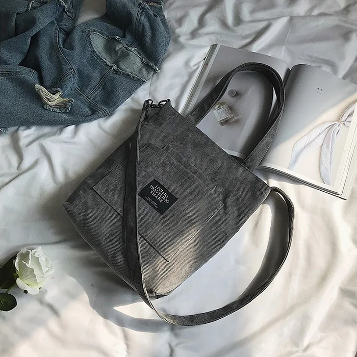 light grey Женские вельветовые сумки через плечо на молнии, женские сумки-тоут, женские холщовые сумки-мессенджеры, сумки для покупок для девочек - Цвет: light grey