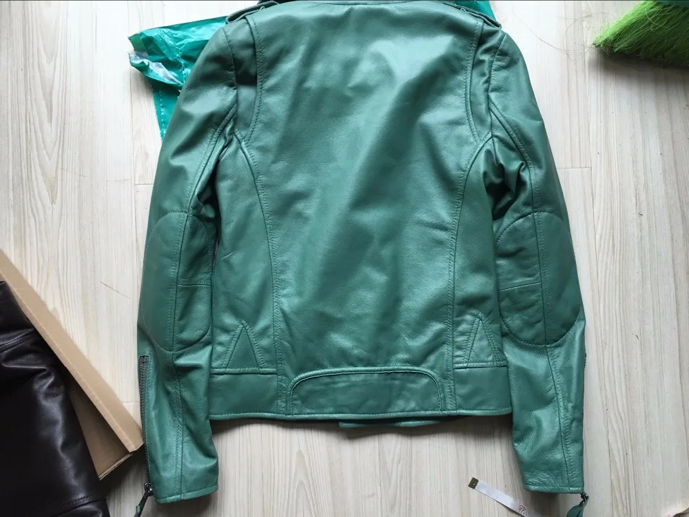 Желтый красный кожаный куртка с меховой воротник натурального ягненка овчины