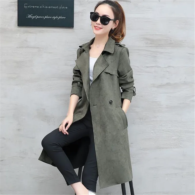 2018 новый весенне осенний замшевый плащ для женщин Длинная Элегантная верхняя