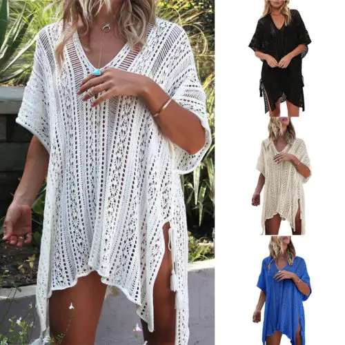 

ITFABS Women's Beachwear Bikini Beach V-Neck Wear Cover Up Hollow Out Ladies Summer Dress