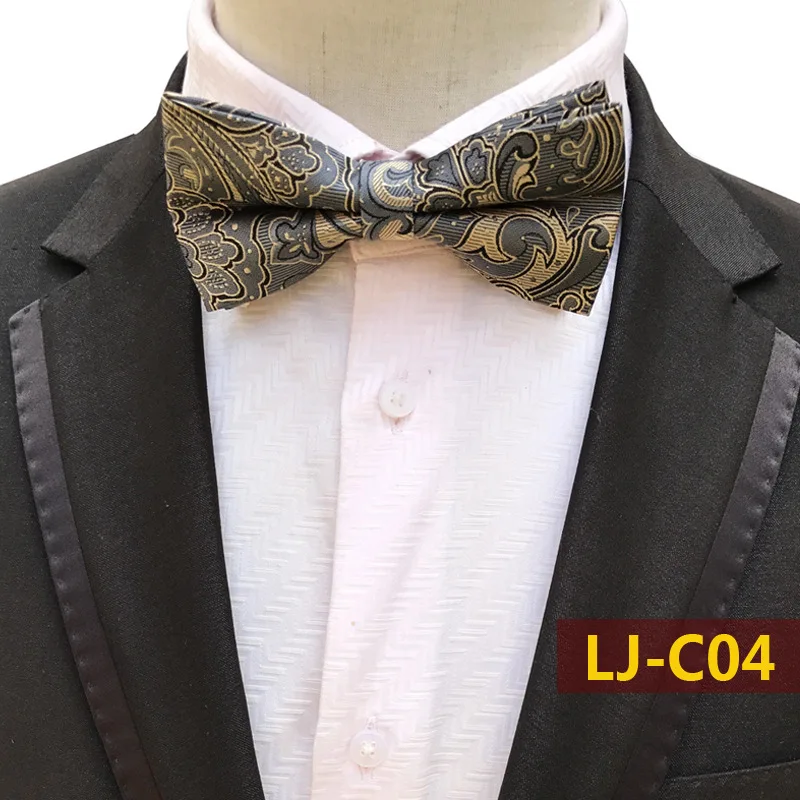 

Mens Bowties Grey Gold Paisley Silk Bow Tie Wedding Party Groom Tie