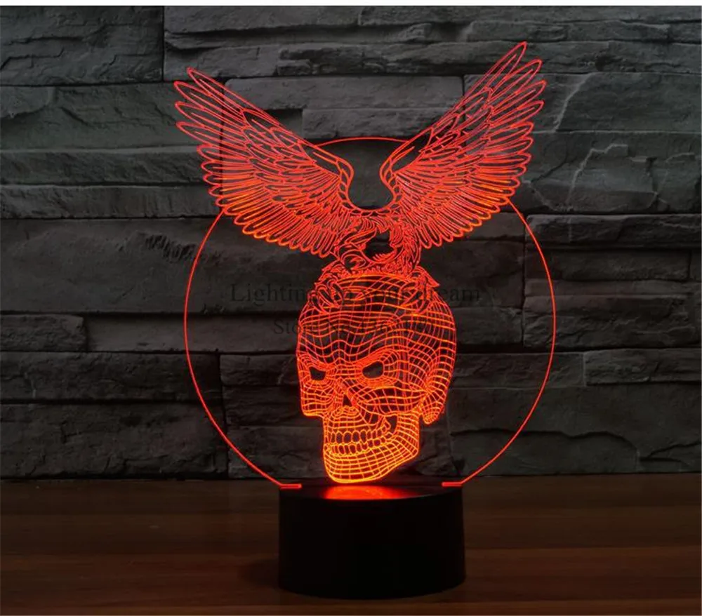 3D Оптическая иллюзия череп орел визуализация LED Искусство Скульптура ночные