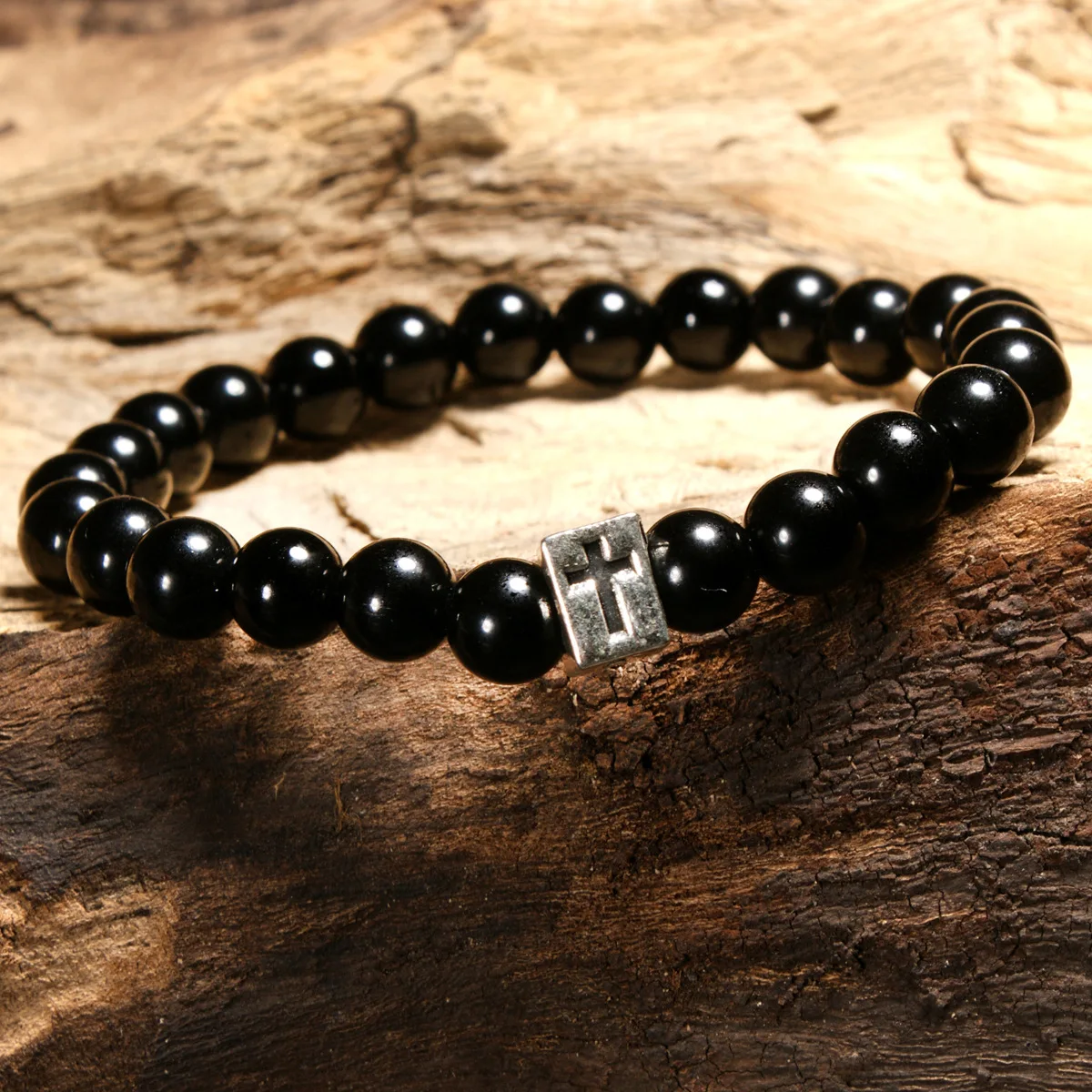 Черный матовый натуральный камень Христианский крест браслет счастливые бусы