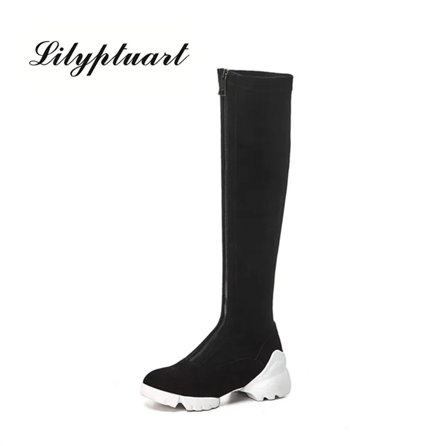 

2019 autumn new front zipper design muffin bottom boots sheep suede material rubber soles stovepipe stretch boots shoes woman