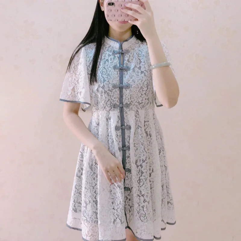 [Ewq] Весенняя Новинка корейский стиль стенд короткий рукав кружево Винтаж buttonloose трендовые женские летние платья женские вечерние QG24000S