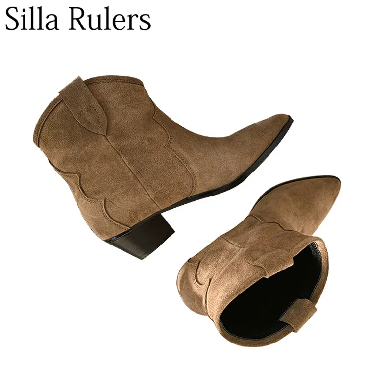 Silla liners/женские ботильоны из натуральной кожи с острым носком и квадратным каблуком; полусапожки; женские Ботинки martin без шнуровки; bota feminina