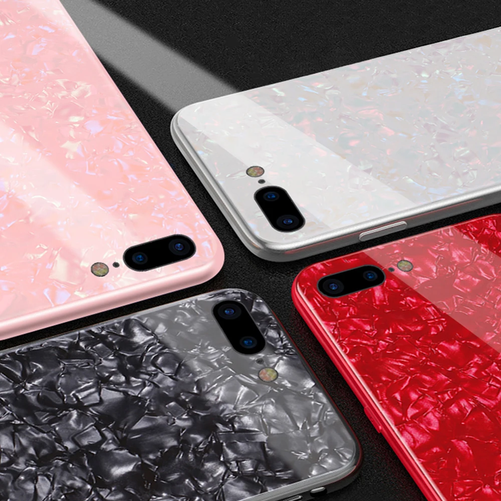 Glossy Shell Marble Back Cover For Apple iPhone 6 6S 7 8 Plus X XR XS MAX Bling Conch Tempered Glass Case |