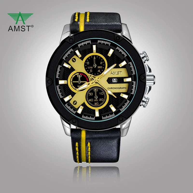 AMST модные мужские часы кожа водонепроницаемые спортивные с хронографом Топ