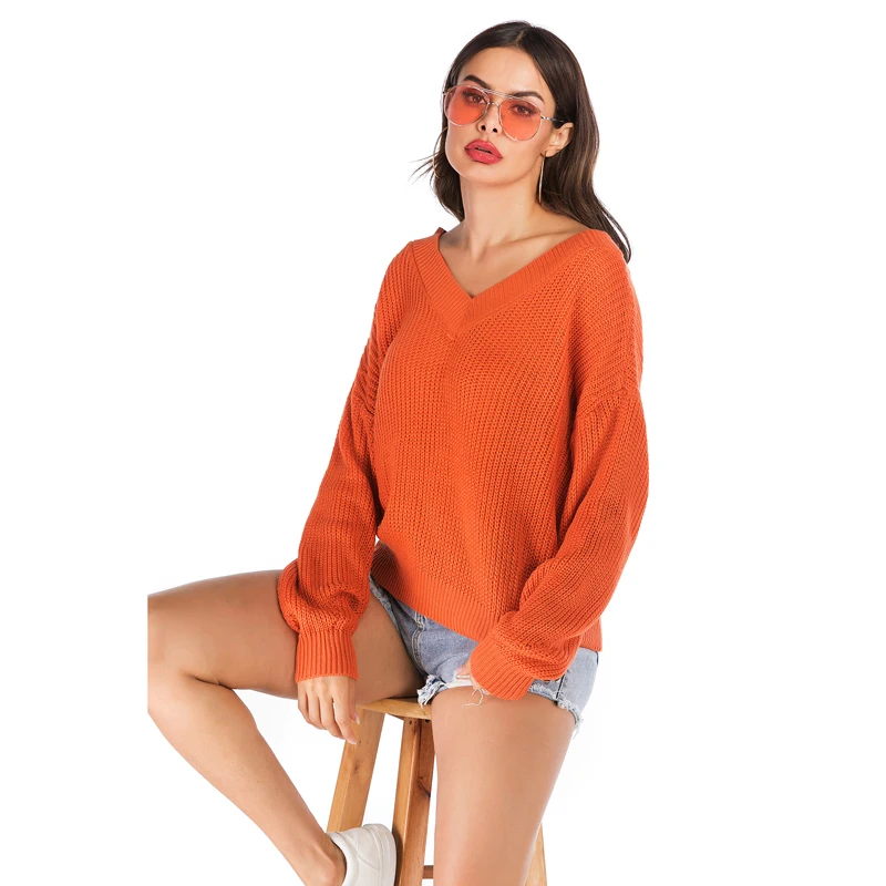 CINESSD Knitted Sweaters Women V Neck Long Sleeves Solid Pullovers Tops Orange Loose Casual Tee Shirts 2019 Autumn Lady | Женская одежда