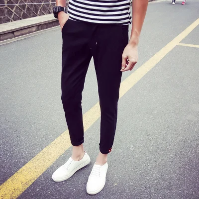Летние однотонные штаны мужские, длиной до щиколотки Slim Fit Для мужчин s Повседневные штаны для мальчиков стрейч большого размера, шаровары, штаны, костюм Для мужчин брюки мужские Размеры: 28-40 - Цвет: Черный
