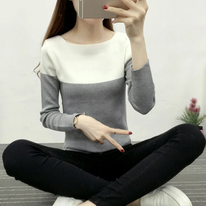 2018 Spring And Autumn Winter Women's Sweater Long-sleeved Splicing Word Collar Pullover Soft Warm Short Section Fashion | Женская