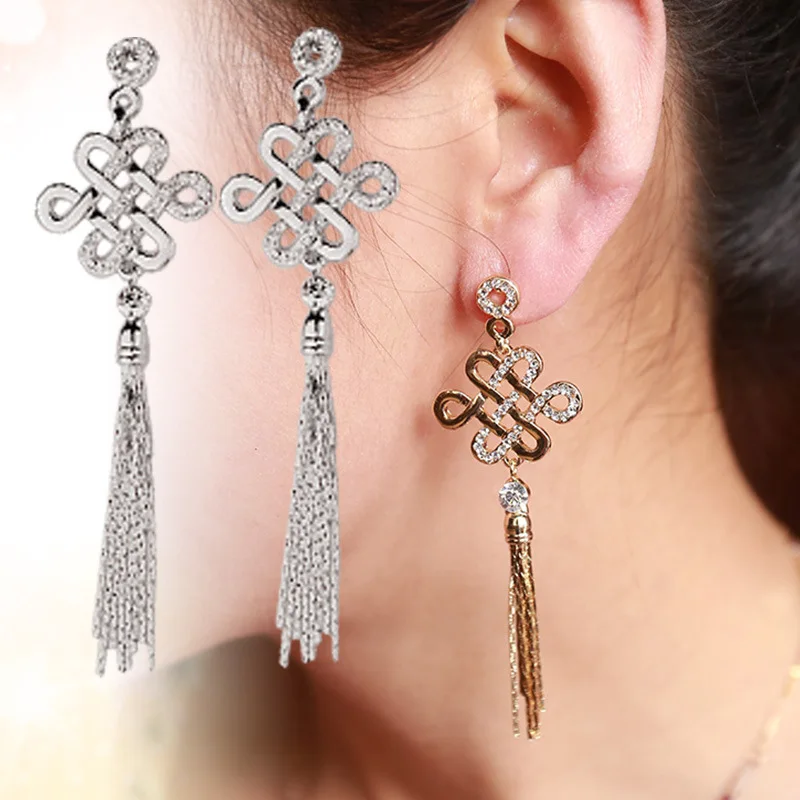 Винтажные китайские серьги с узлом из страз длинные кисточками клипсы для ушей