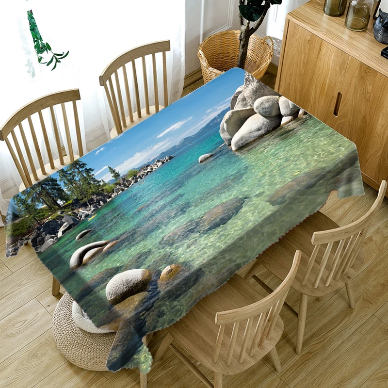 Узорчатая плотная хлопчатобумажная скатерть 3d с морским видом деревянный дом