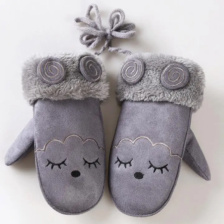 A Gray Модные детские варежки с милым кроликом и медведем из мультфильма для мальчиков и девочек, зимний плюшевый кашемир, толстые теплые замшевые кожаные перчатки 100H - Цвет: A Gray
