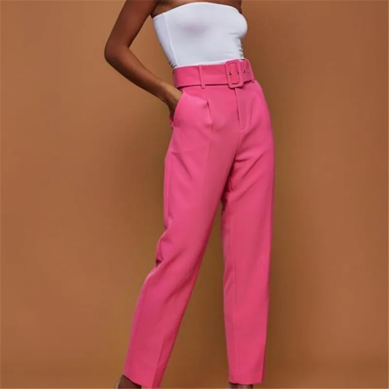 Брюки Женские однотонные с поясом модные повседневные облегающие деловые брюки