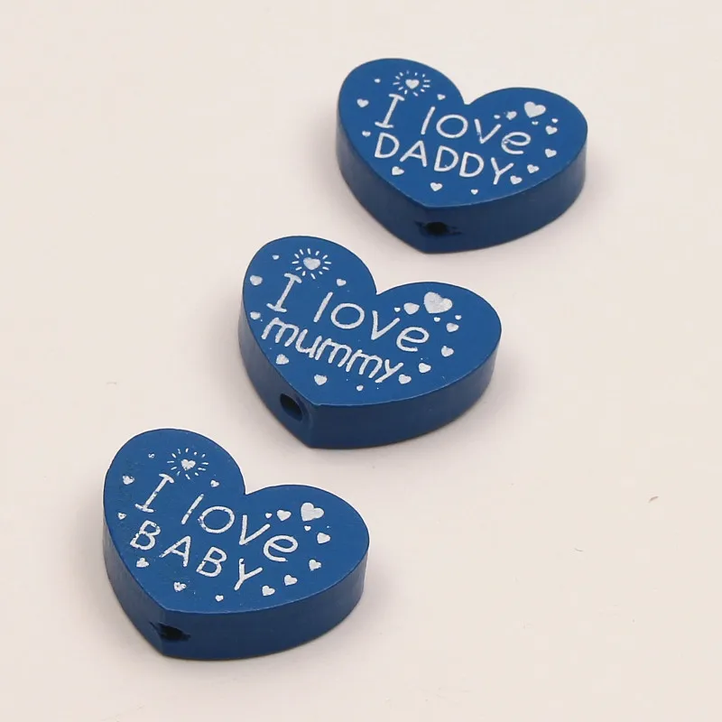 Blue DIY 10 шт.(I Love BABY/mummy/DADDY) бусины из натурального дерева в форме сердца для детей, ювелирные изделия, пустышка, зажим 23x29 мм - Цвет: Blue