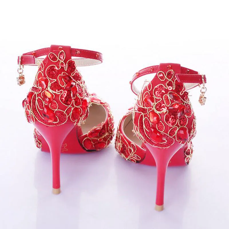 Яркие цвета брендовые красные свадебные туфли с кружевным цветком без шнуровки