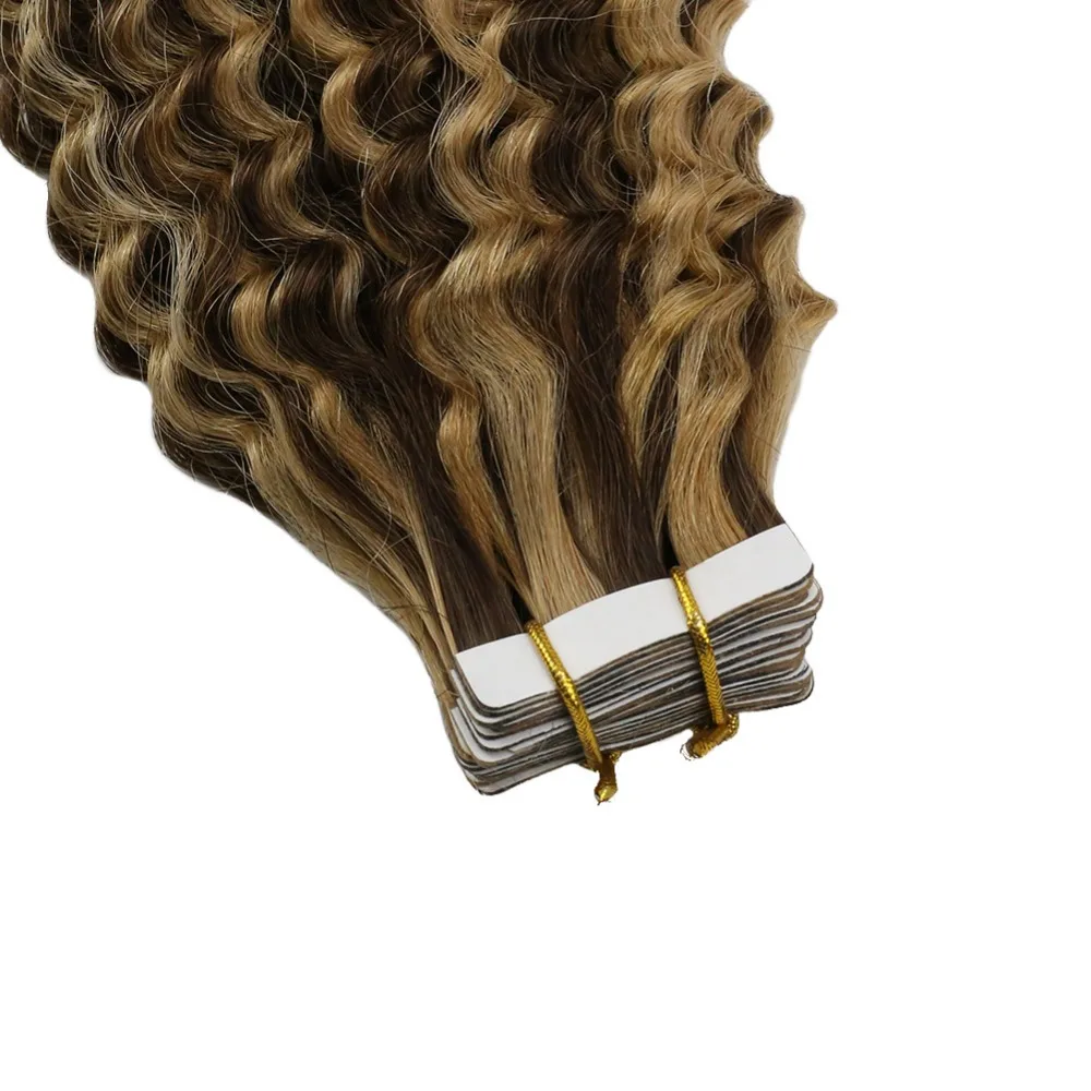 Moresoo, накладные волосы remy на ленте, кудрявые, выделенный цвет, коричневый,#4, блонд,#27, бесшовные волосы для наращивания на коже, 50 г