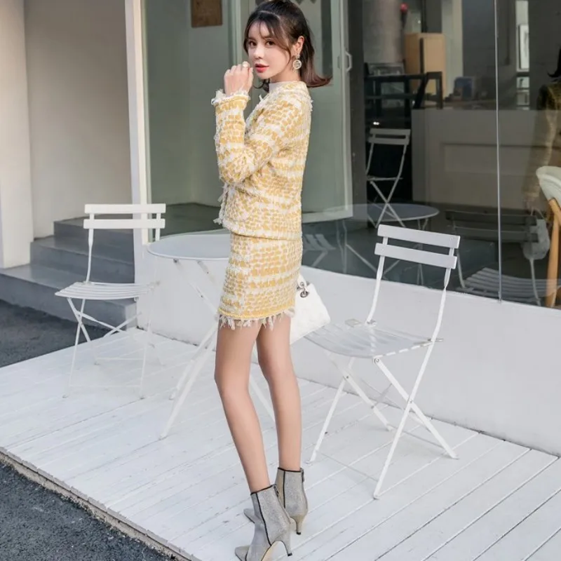 

Spring New Office Ladies Short Tweed Jacket Tassels Wrap Mini Skirt Two Piece Outfits Womens Suits Set Party Slim Fit Twill Sets