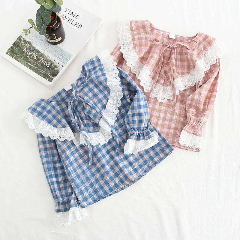 Качественные модные рубашки в клетку для маленьких девочек блузки кружевные