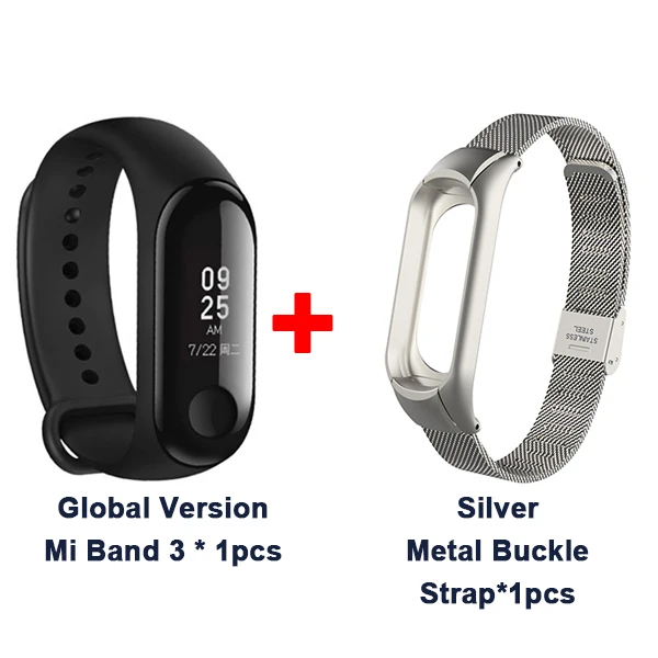 Silver Metal Buckle Мировой Xiaomi mi, 3 полосы, умный браслет, браслет, 0,78 дюймов, OLED, мгновенное сообщение, идентификатор звонящего, mi Band 3, фитнес-трекер - Цвет: Silver Metal Buckle