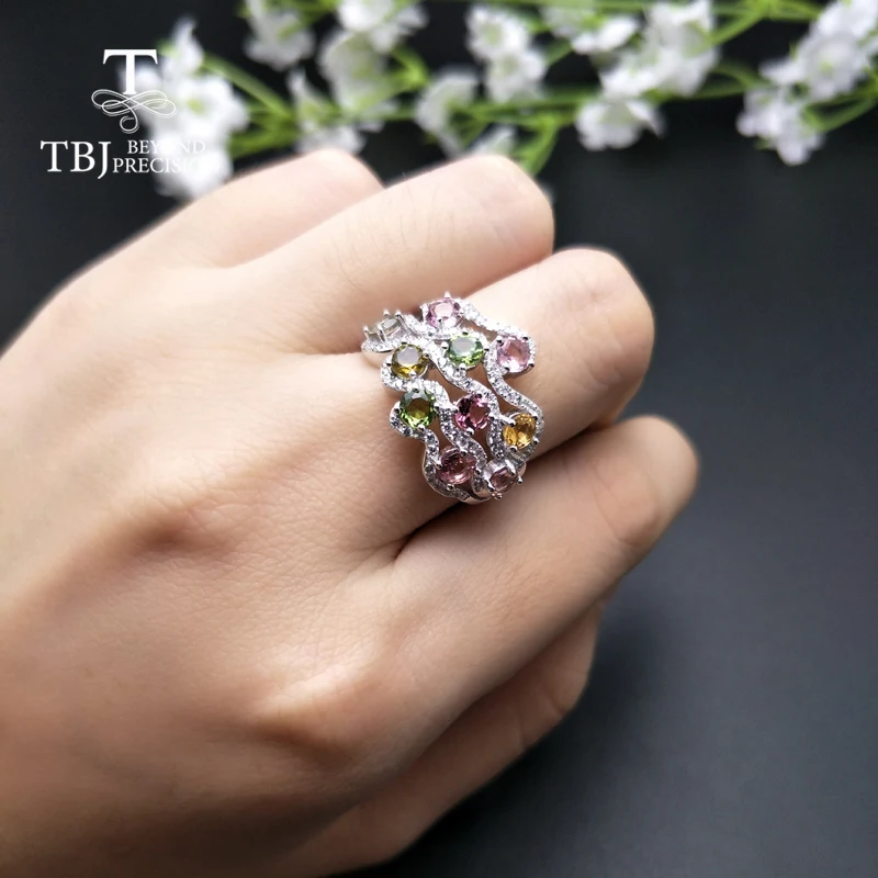 TBJ разноцветный турмалиновый кольцо с натуральным драгоценным камнем простой
