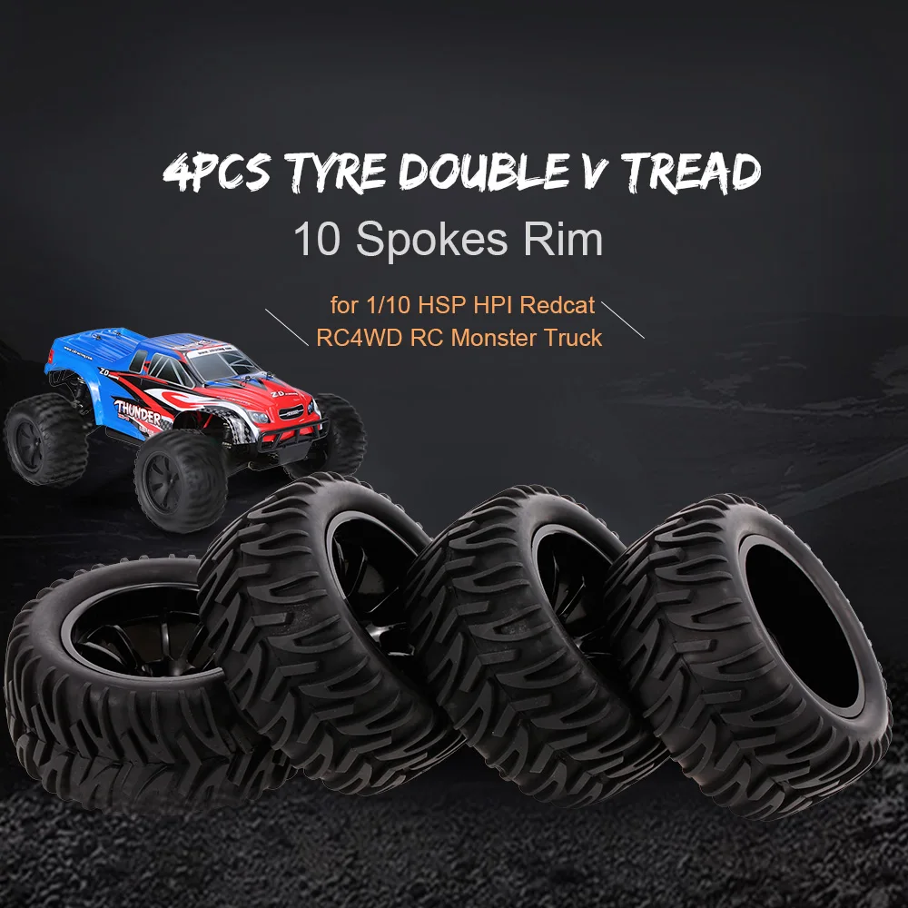 4PCS RC Car 1:10 Off-road Tyre Double V Tread Pattern 10 Spokes Rim for 1/10 HSP HPI Redcat RC4WD Monster Trucks | Игрушки и хобби