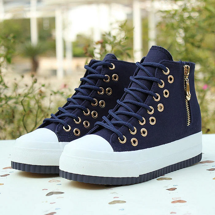 

YeddaMavis Shoes Black High Help Canvas Shoes Women Sneakers Womens Shoes New Side Zipper Lace Up Women Shoes Woman Trainers