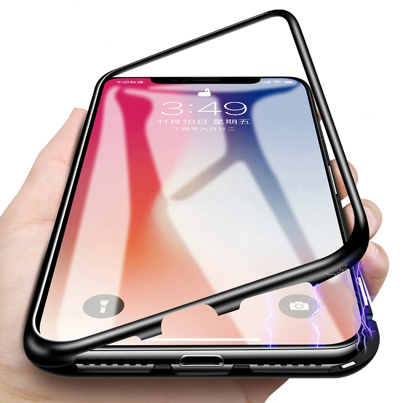 Металлический магнитный чехол для телефона IPhone X XS Max XR закаленное стекло