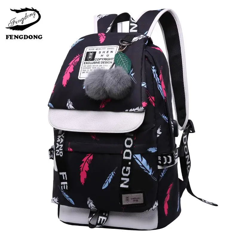 Black feather bag Модный женский рюкзак с помпоном и подвеской для ноутбука, женская сумка через плечо, школьная сумка для девочек-подростков, рюкзак - Цвет: Black feather bag