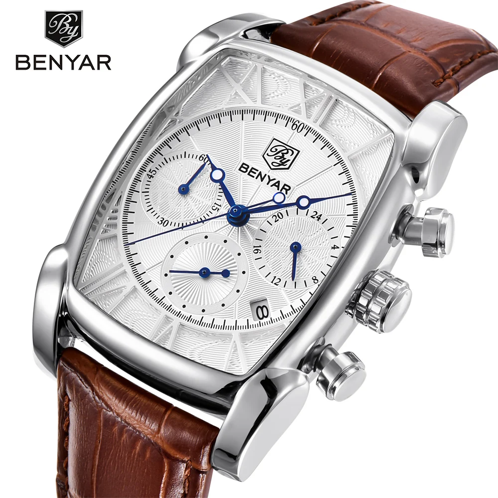 

BENYAR Men's Watches Waterproof 30M Fashion Sport Chronograph Genuine Leather Strap Luxury Classic Case Casual Quartz Watch