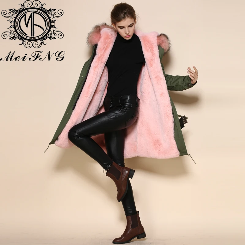 Goede Licht Roze Womens Bont Liner Parka Met Grote Wasbeer Kap, Warme Winter Plus Size Bontjas Jas Met Wasbeer Bontkraag Kap