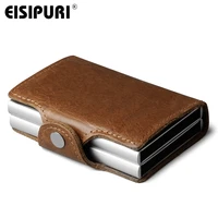 eisipuri men genuine leather double metal credit card holder aluminium rfid blocking wallet hasp mini vintage wallet hold cards