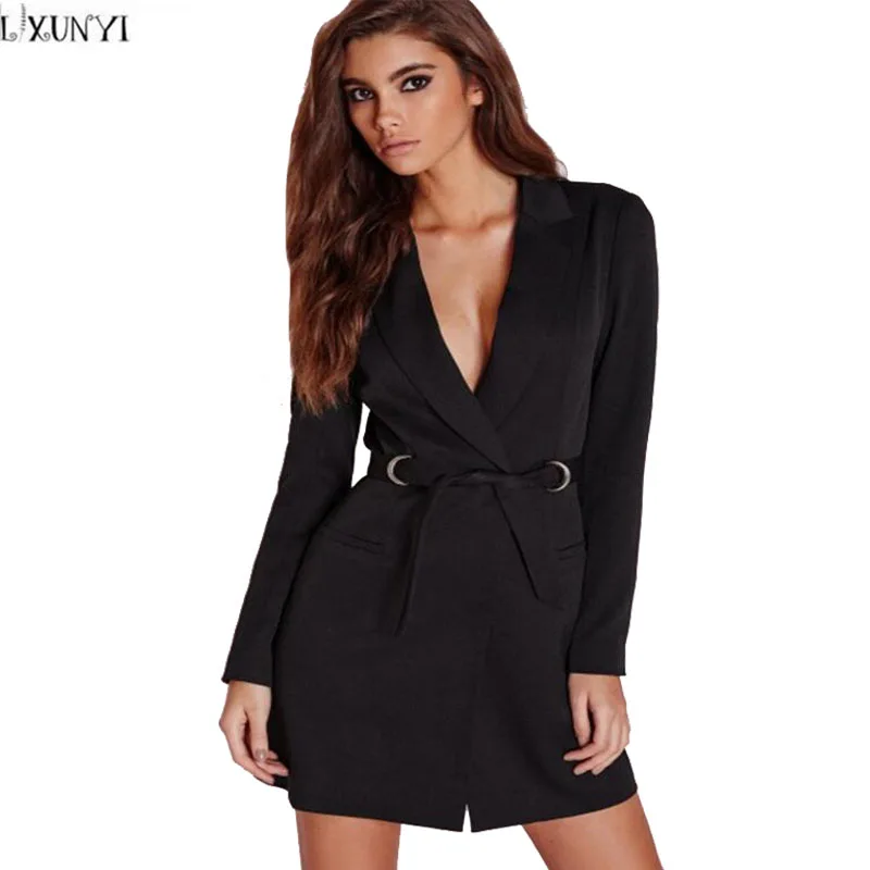 Женский приталенный Блейзер с поясом и глубоким v образным вырезом качественный