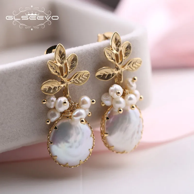 GLSEEVO природной пресной воды Baroque Pearl Drop Earrings Для женщин листьев растений Длинные