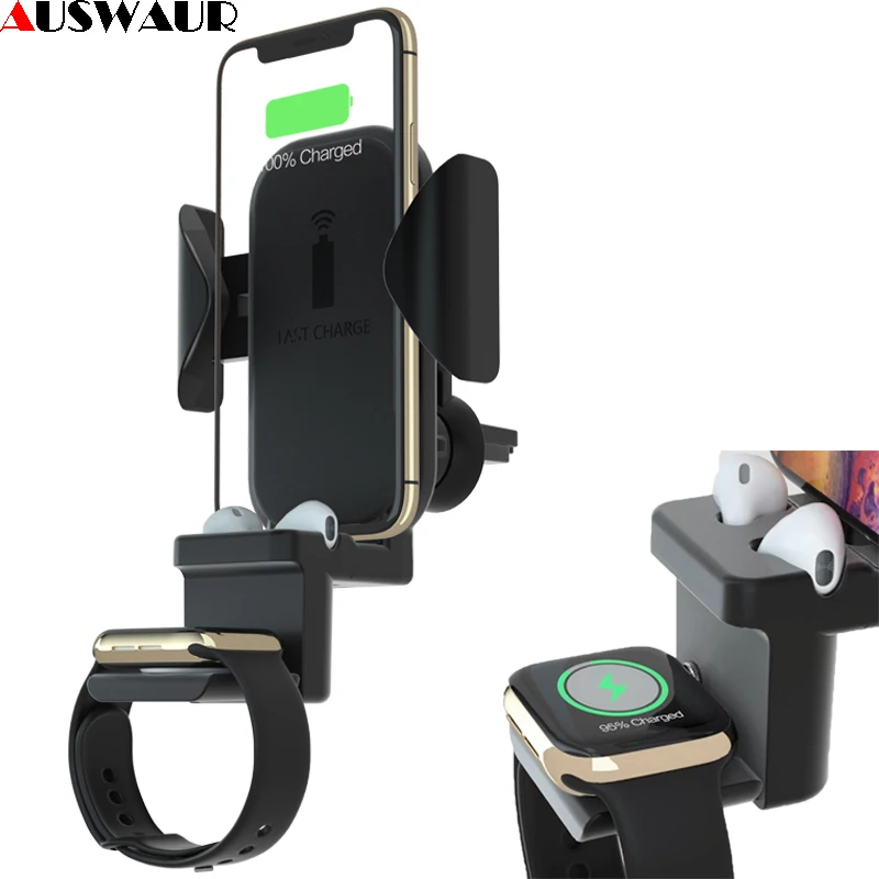 Автомобильное беспроводное зарядное устройство QI подставка для iPhone Airpods Apple Watch 1 2