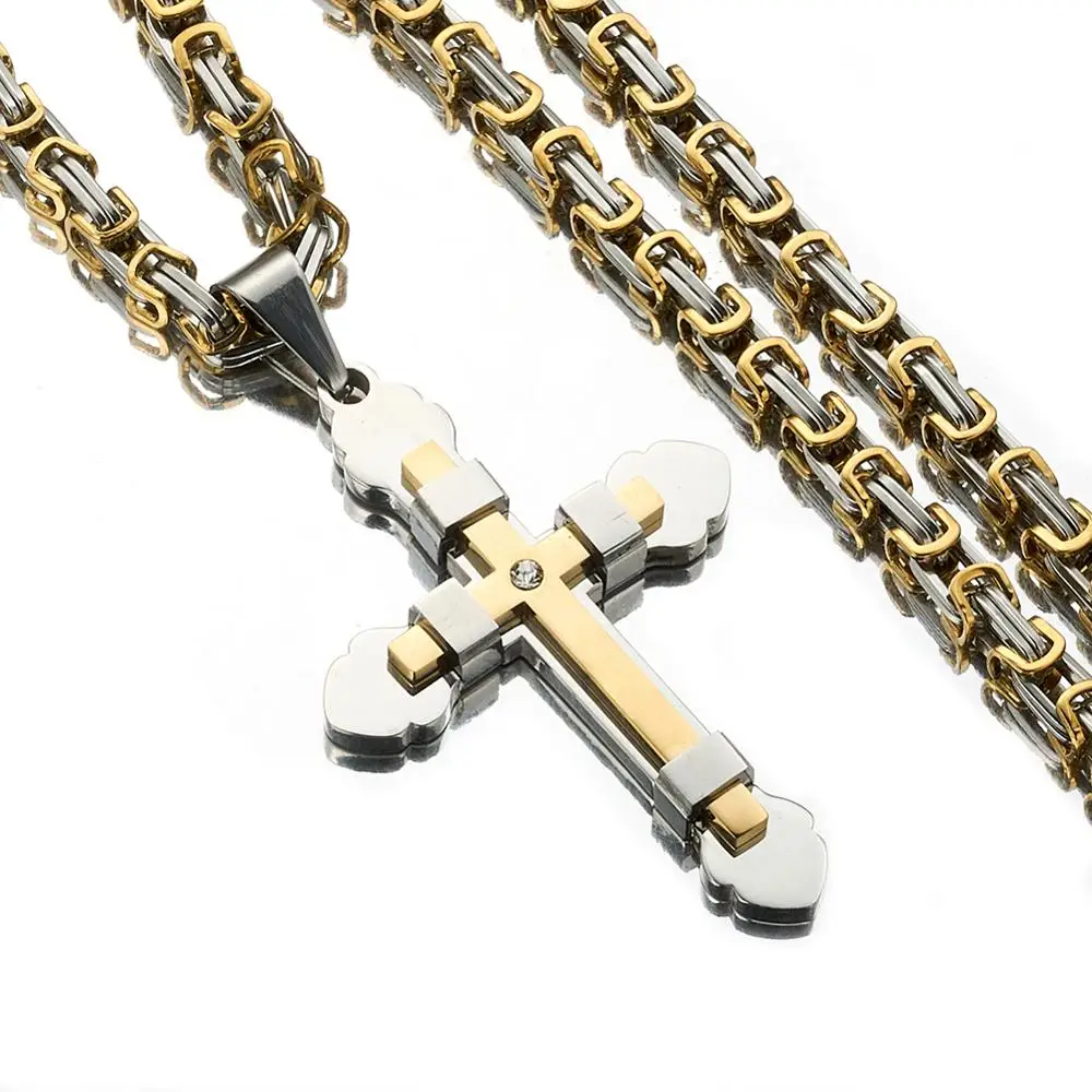 High Quality Men's Jewelry Byzantine Stainless Steel Silver Color&ampGold Chain Catholic Crucifix Pendant Male Punk Rock Ornaments |