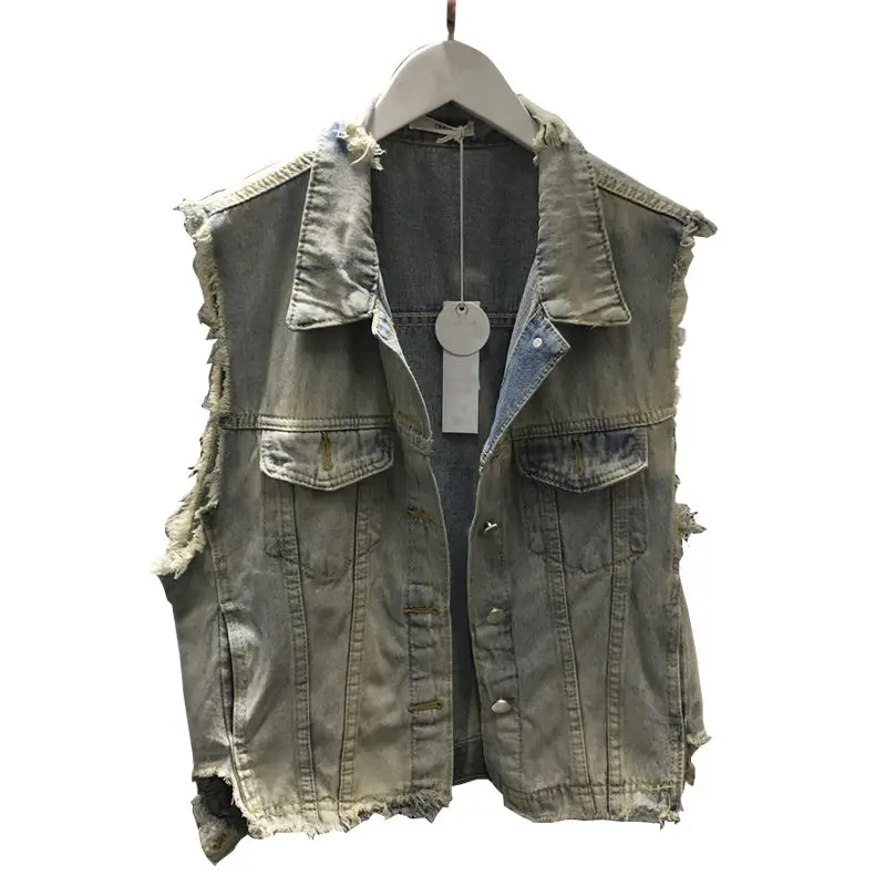 Женский джинсовый жилет с дырками винтажная свободная короткая джинсовая куртка