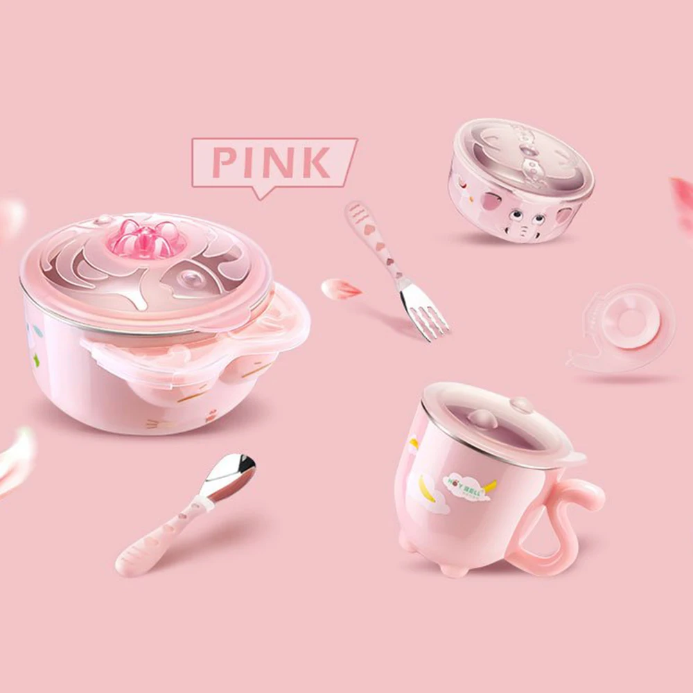 

6pcs Children's Feeding Bowl Insulation Cute Baby Non-Slip Warming Plate Suction Bowl Dishes Tableware Set Kids Feeding Tools