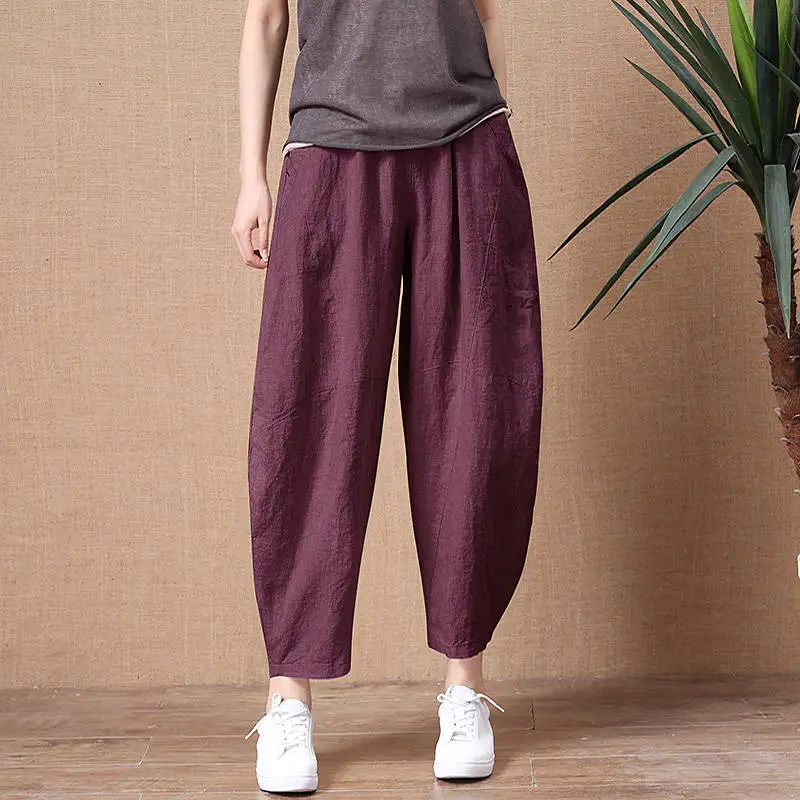 

Casual Linen Pants Streetwear Women Plus Size Loose High Waist Ankle-Length Pants Trousers Summer Autumn Solid Japan Pants Girls