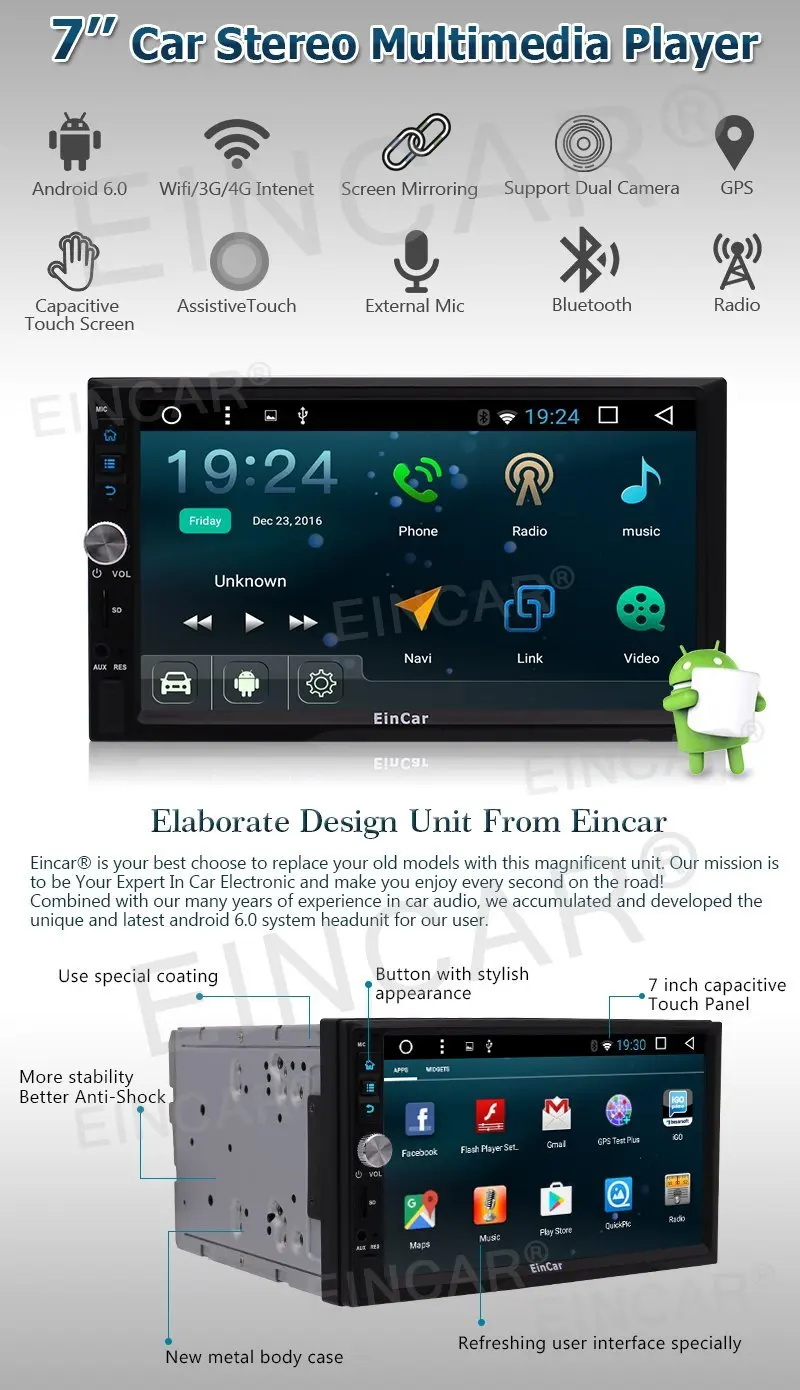 2din стерео с Android 6.0 сенсорный экран автомобиля Радио плеер GPS навигации нет DVD 1080 P