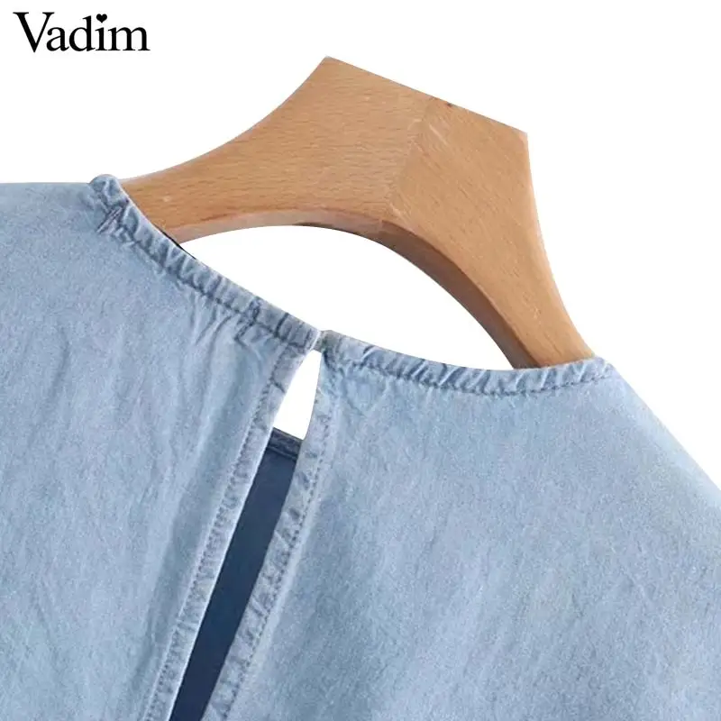 Vadim women sweet ruffled tencel denim blouse loose-fitting flare sleeve o neck shirts female summer casual tops blusas DA002 |