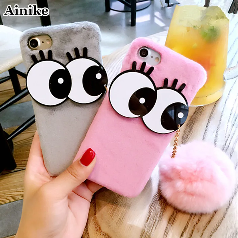 Чехол для iPhone X 8 6s Plus 7plus XR XS MAX 11Pro Ainike Big Eyes Wram с помпоном из кроличьего меха и