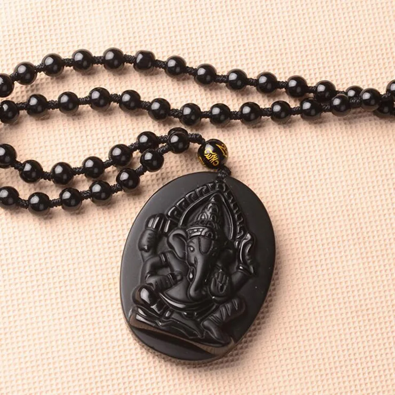 Drop Shipping Hand Carved Obsidian Pendant Black A Lucky Amulet Elephant God Necklace For Men Women With Chain Gift | Украшения и