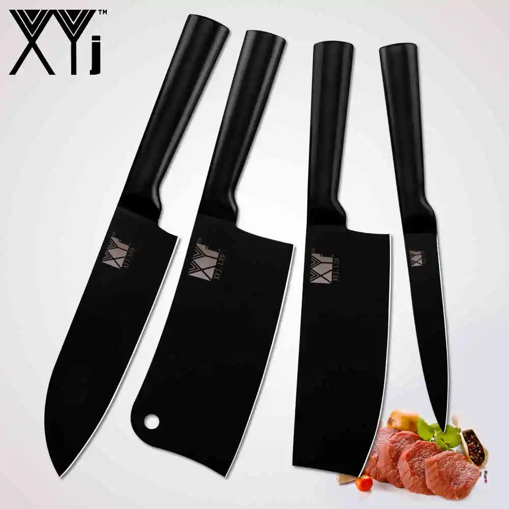 B.4 pcs set XYj набор кухонных ножей из нержавеющей стали, все черные " утилита 6,5" кухонные Точилки " Santoku точилка для ножей держатель для бара - Цвет: B.4 pcs set
