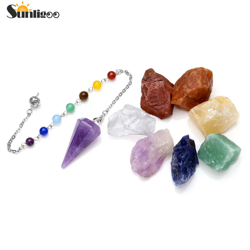 Sunligoo 7 Чакра заживляющие кристаллы натуральный шероховатый сырой камни и драгоценный камень Кристал острый маятник медитация набор