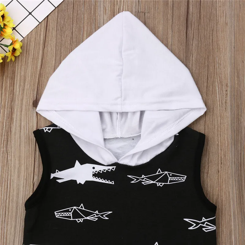 Fashion Summer Kids Baby Boy Outfits Shark Printed 2Pcs Sleeveless Hooded Vest+Elastic Waist Shorts Cotton Clothes Sets 1-6Y | Детская