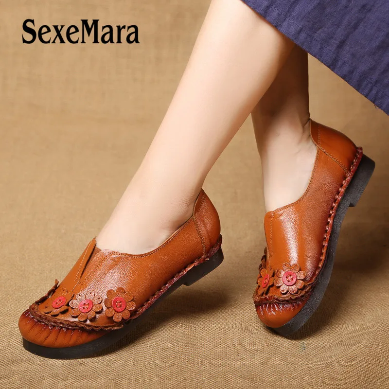 

Retro Loafers Women's Flat Shoes Genuine Leather Soft Casual Flats Shoes Slip-On Spring Autumn Appliques mother shoes size 41