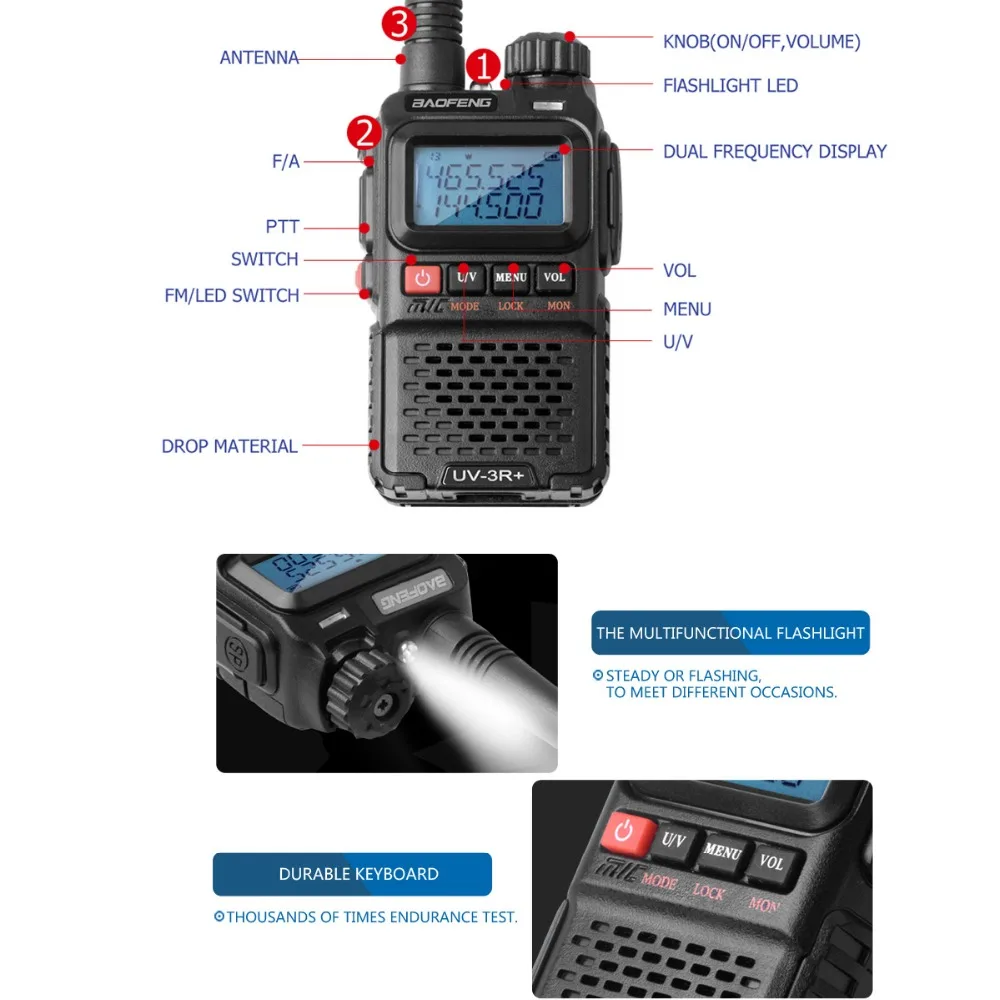 2 шт. Baofeng UV 3R Plus портативная рация UHF VHF + CB радио VOX фонарик мини FM трансивер Ham Радио